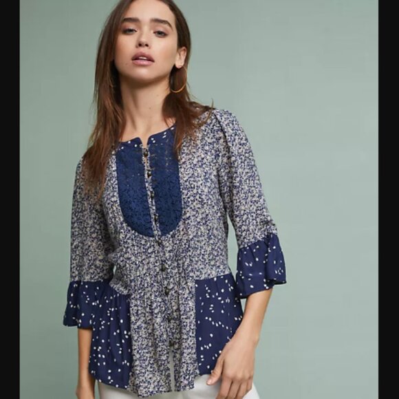 Anthropologie 💙 Hiver Floral Print Blouse in Navy Blue By Maeve - Picture 1 of 12